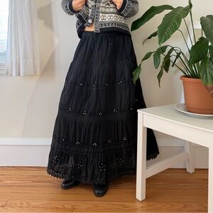 Ingear 100% Cotton Rhinestone Lace Detail Tiered Black Skirt Size M